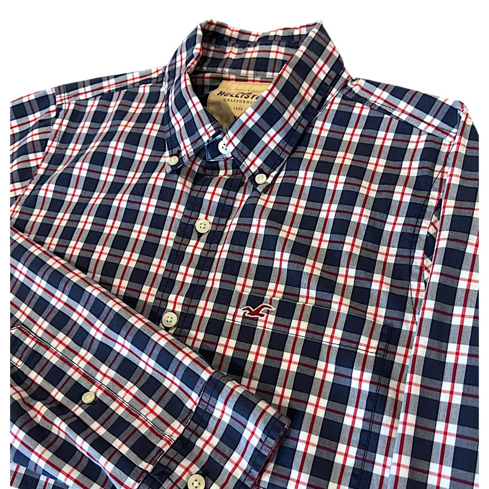 Hollister Button-Down Shirt Men's XL Long Sleeve Black Gray Red Plaid Grunge